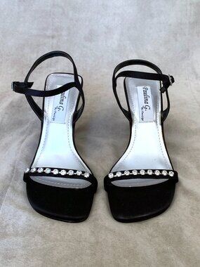 Vintage 2000s Y2K Paulina G Two Lips Black Satin Strappy Rhinestone Heels Size 7